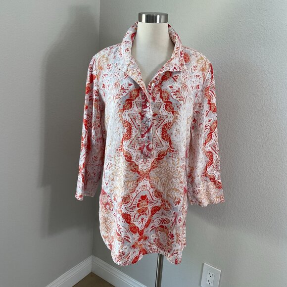 Chicos Womens Large Medallion Print Tunic Top 100% Linen 3/4 Sleeve Shirt Blouse - Picture 2 of 13
